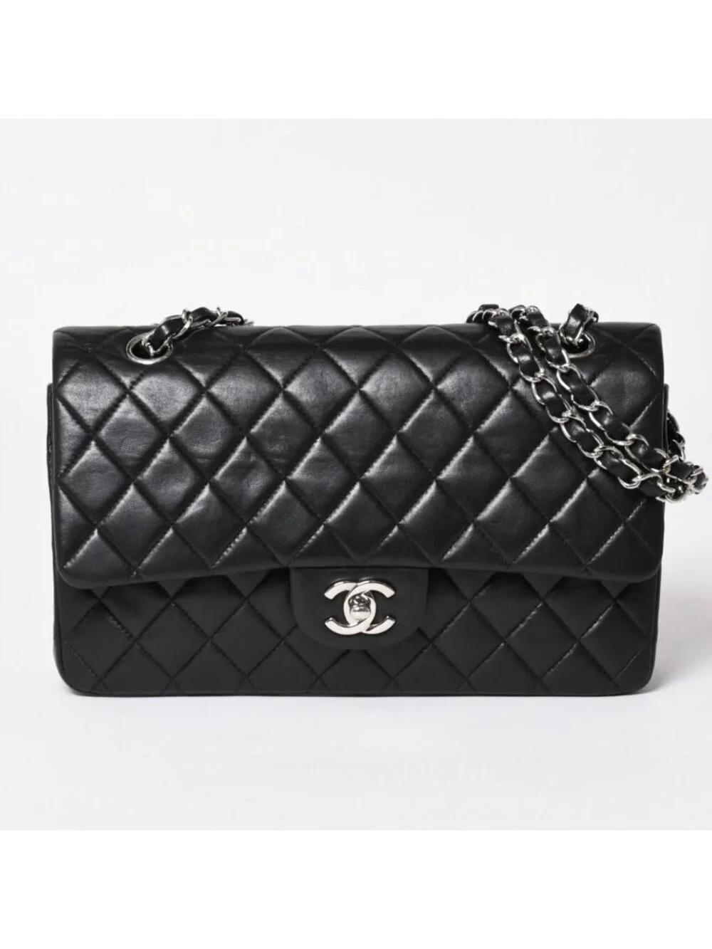 Chanel Quilted 25 Double Flap Chain Shoulder Bag Lambskin CC Logo Black Silver